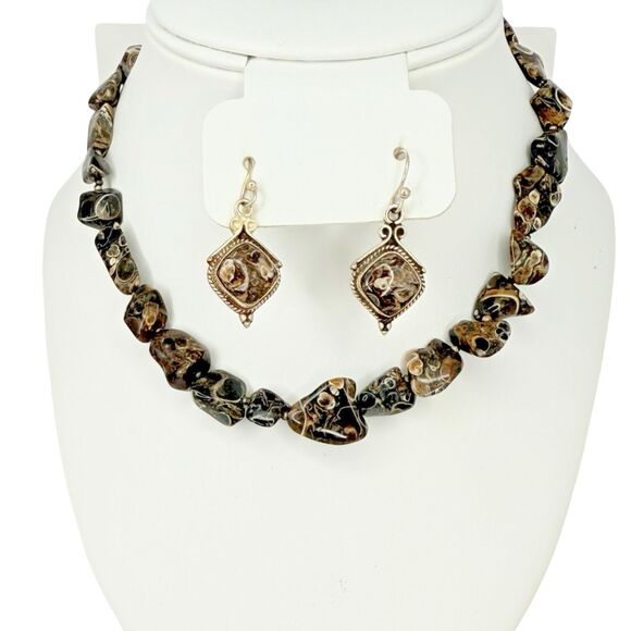Fossil Agate Jewelry Set 925 Sterling Silver Choker Necklace 15.5" Earrings 1.5" - Picture 1 of 16